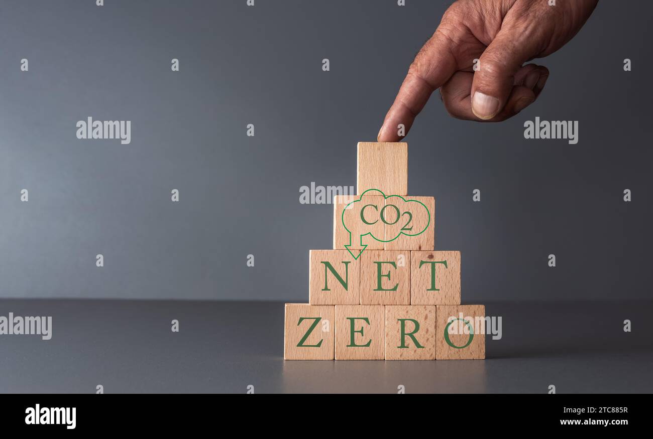 blocchi di legno a posa manuale con concetto netto zero di business e tecnologia senza carbonio, impronta di carbonio, sfondo grigio blu. Foto Stock