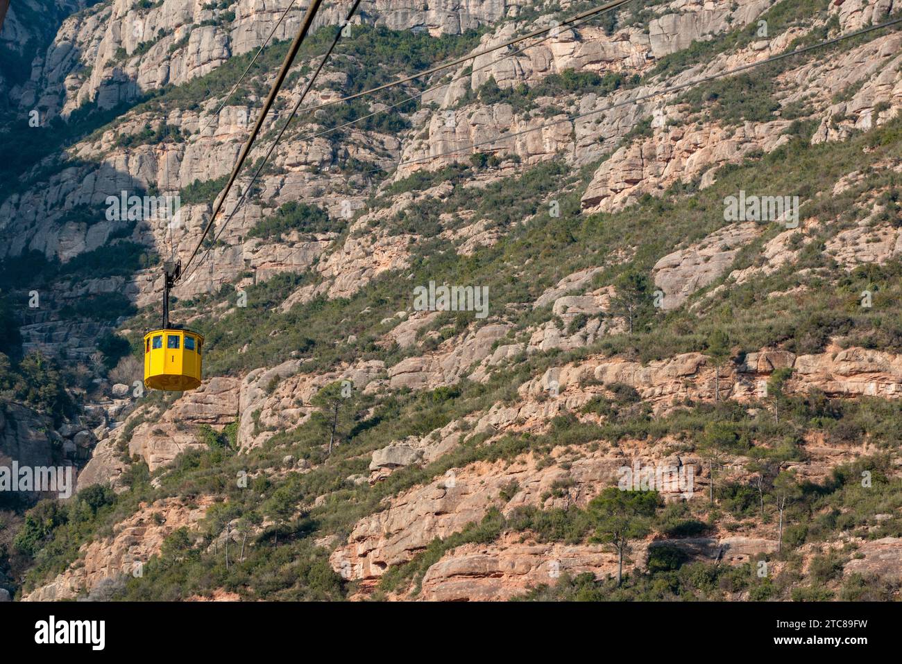 Una foto della funivia che porta la gente al monte Montserrat, chiamato Montserrat-Aeri Foto Stock