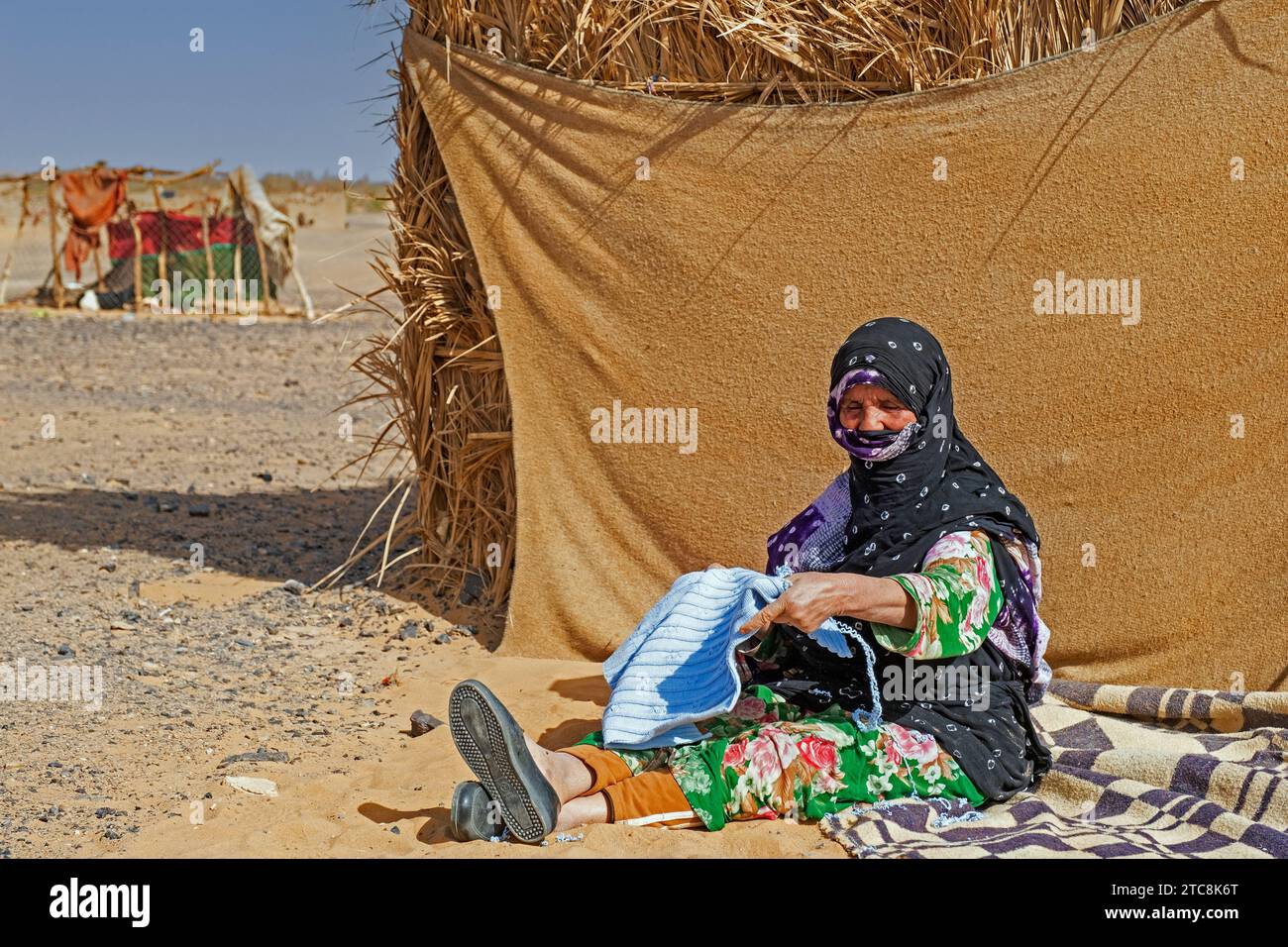 Anziana donna nomade beduina con hijab che srotola indumenti di lana nel deserto del Sahara vicino a Merzouga, Drâa-Tafilalet, Errachidia, Marocco Foto Stock