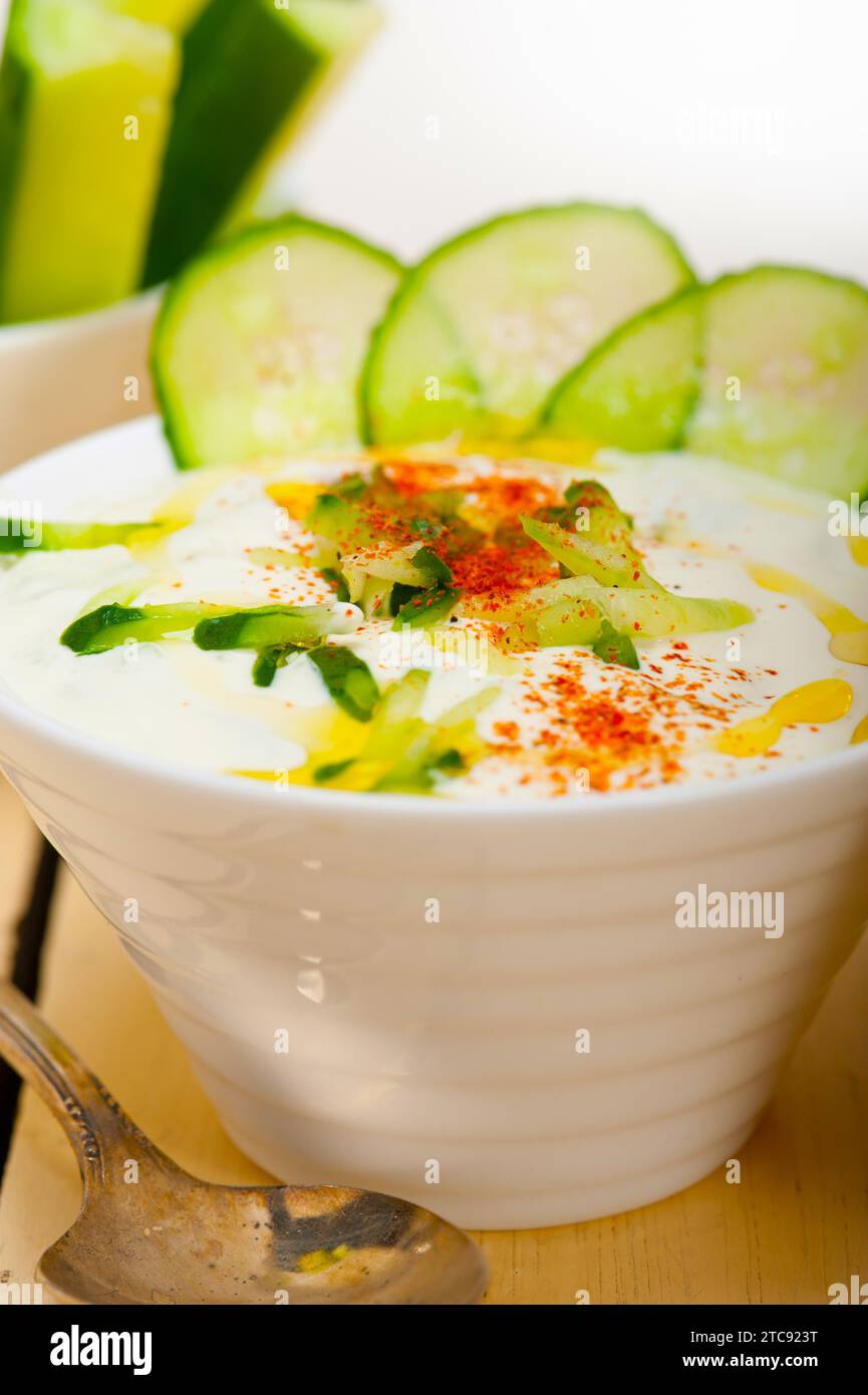 Arabo medio Oriente salatit laban wa kh'yar Khyar Bi Laban yogurt capra e insalata di cetrioli Foto Stock
