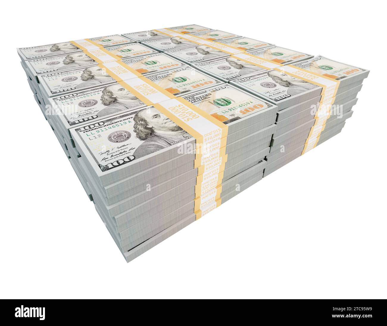 Pila di un milione di dollari in 100 dollari isolati su sfondo bianco. Foto Stock