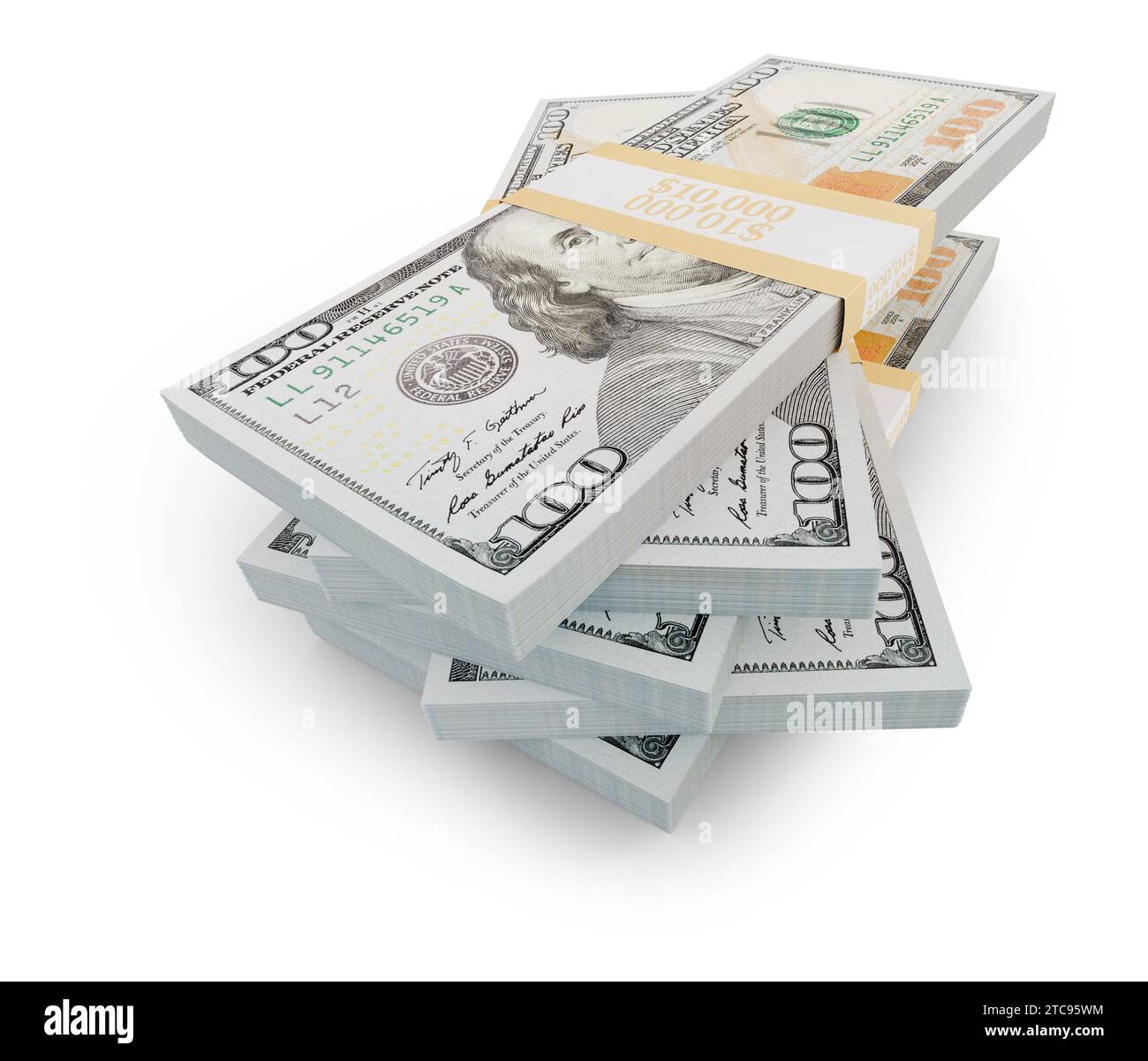 Pile di banconote da cento dollari isolato su uno sfondo bianco. Foto Stock