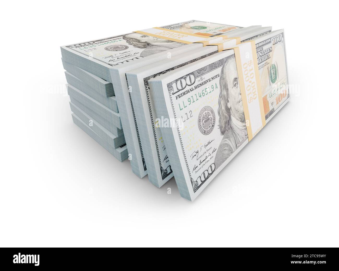 Pile di banconote da cento dollari isolato su uno sfondo bianco. Foto Stock