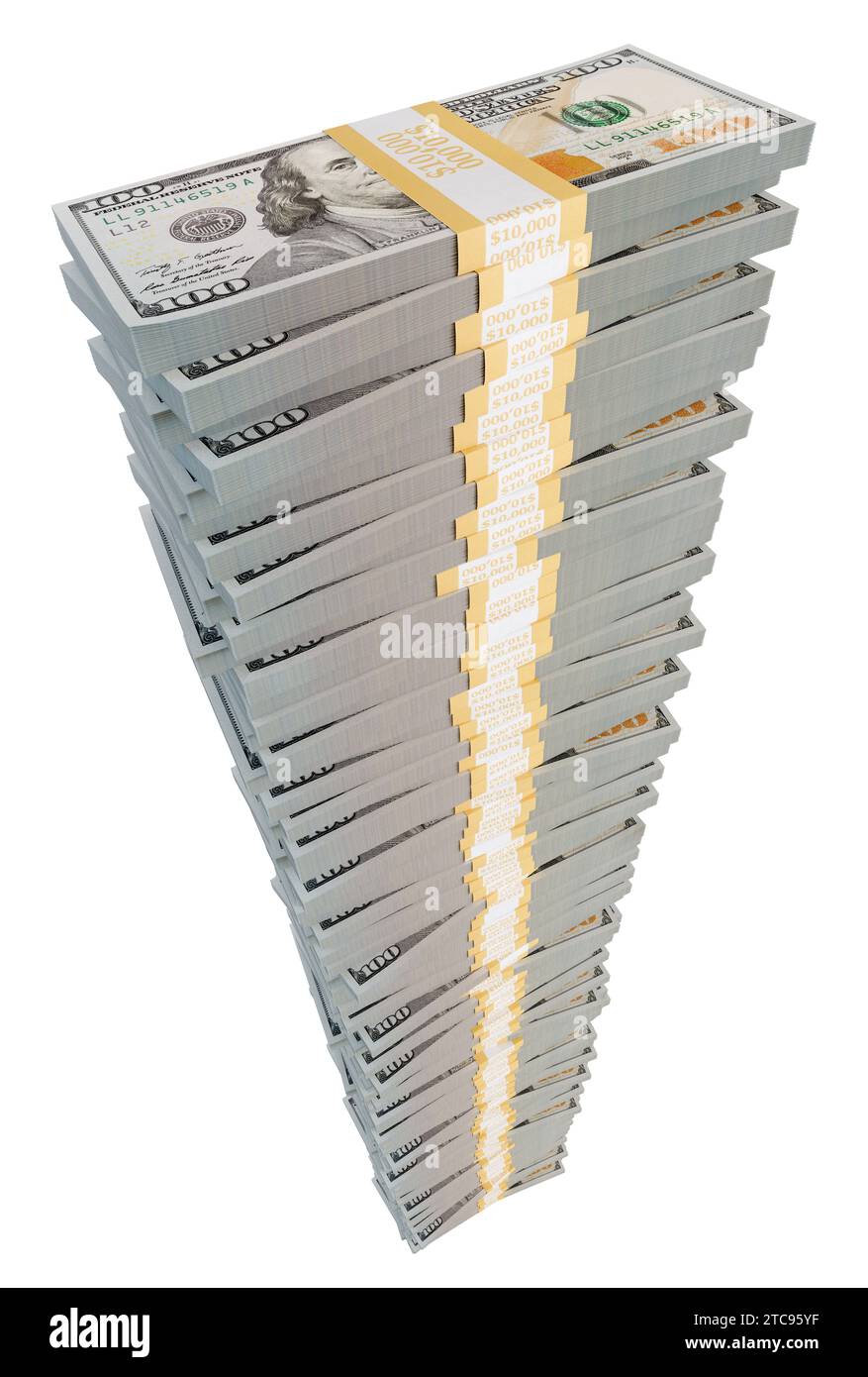 Alto stack di un milione di dollari in 100 dollari di bollette isolate su sfondo bianco. Foto Stock