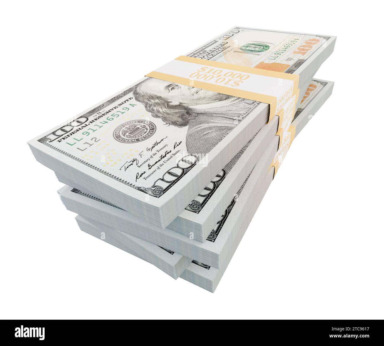 Pile di banconote da cento dollari isolato su uno sfondo bianco. Foto Stock