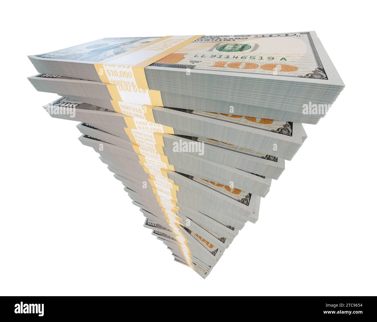 Alto stack di un milione di dollari in 100 dollari di bollette isolate su sfondo bianco. Foto Stock