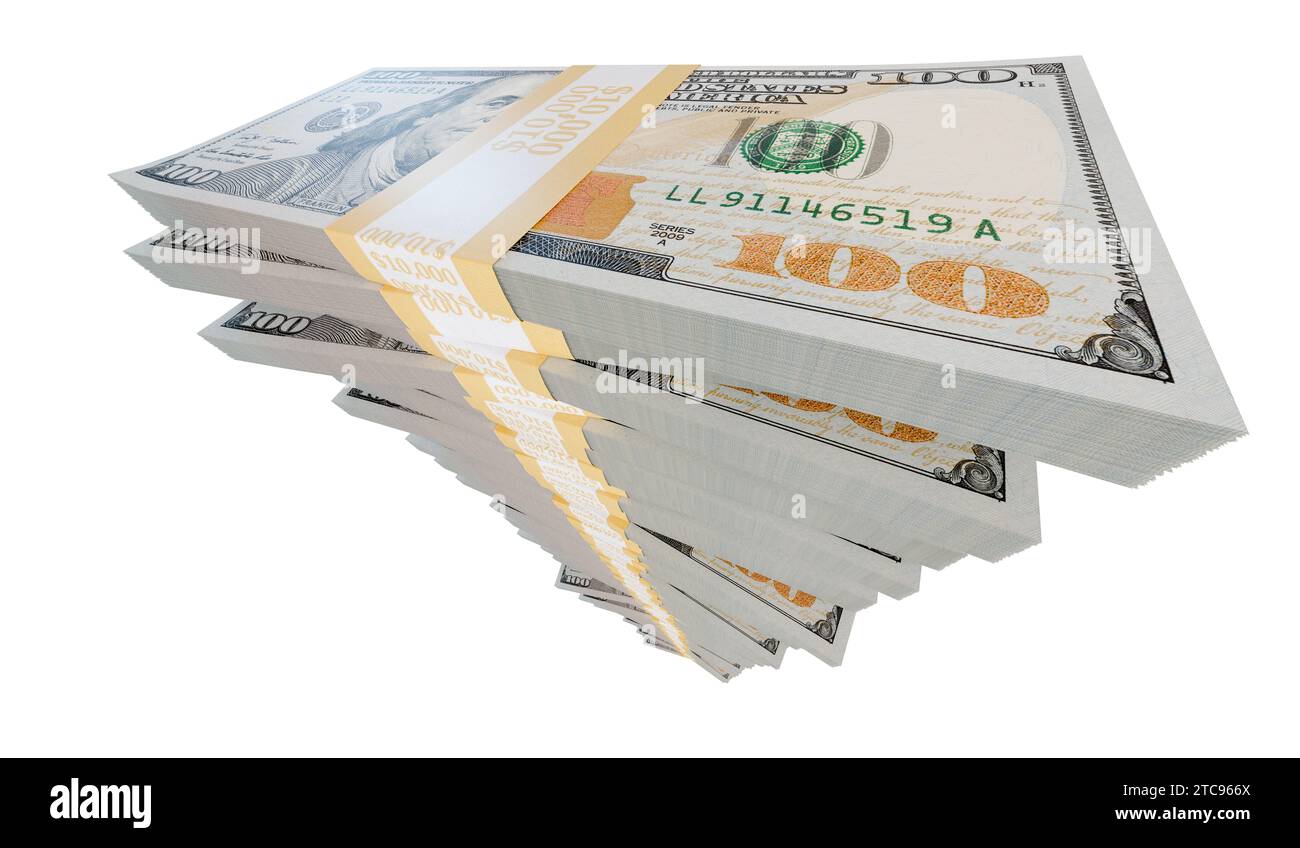 Alto stack di un milione di dollari in 100 dollari di bollette isolate su sfondo bianco. Foto Stock