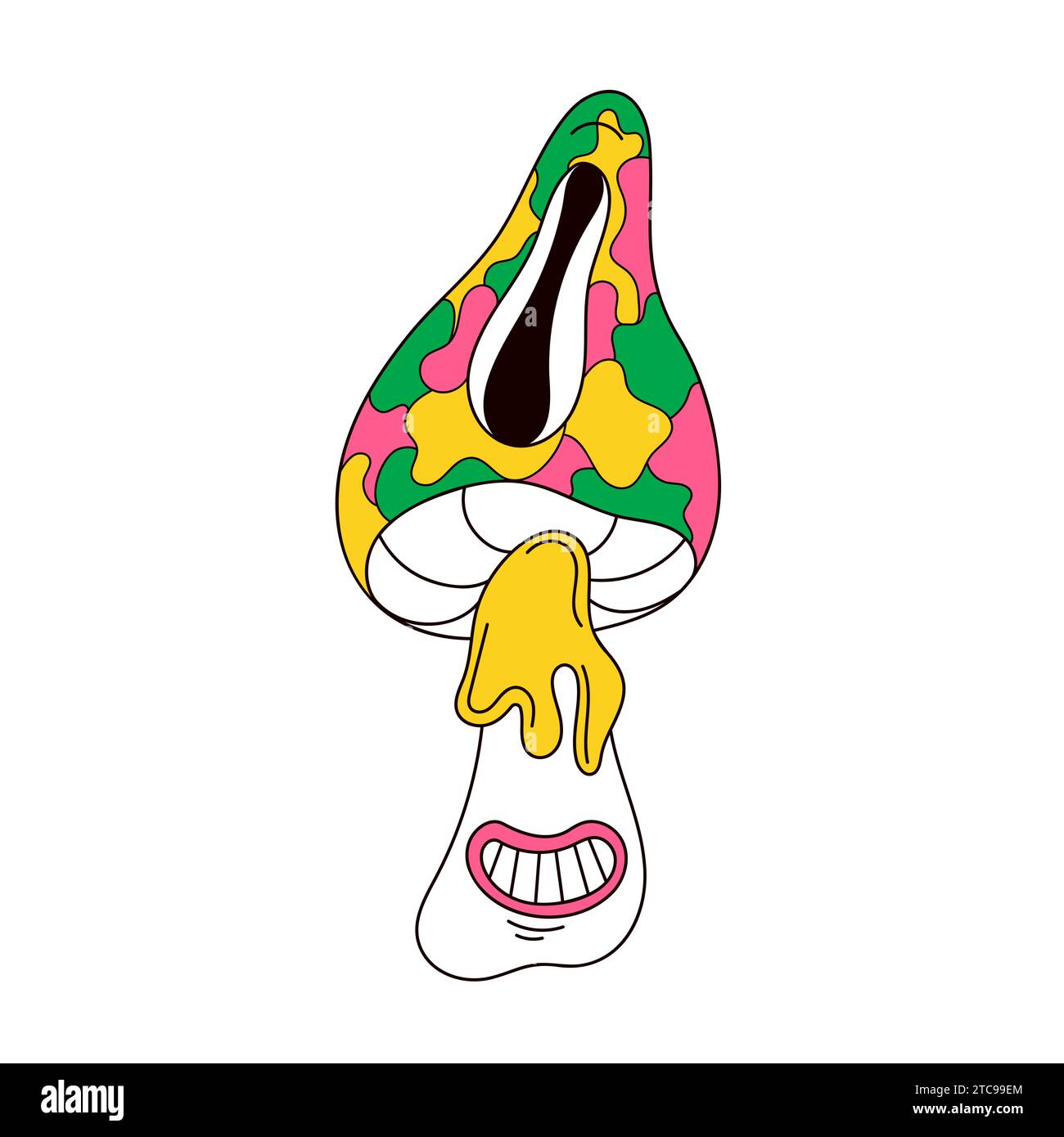 Personaggio psichedelico di funghi in stile rustico. Fungo con un occhio e un sorriso. Illustrazione vettoriale isolata su sfondo bianco. Illustrazione Vettoriale