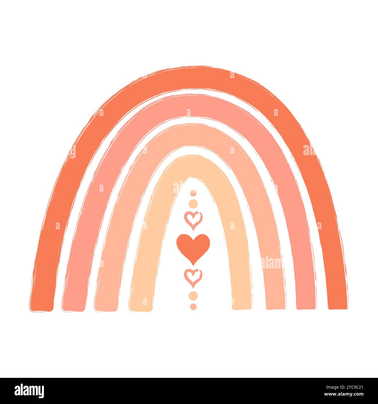 Grazioso arcobaleno con cuore in una palette di colori fuzz di pesca 2024 alla moda. Elementi arcobaleno testurizzati in stile boho, illustrazione vettoriale. Illustrazione Vettoriale