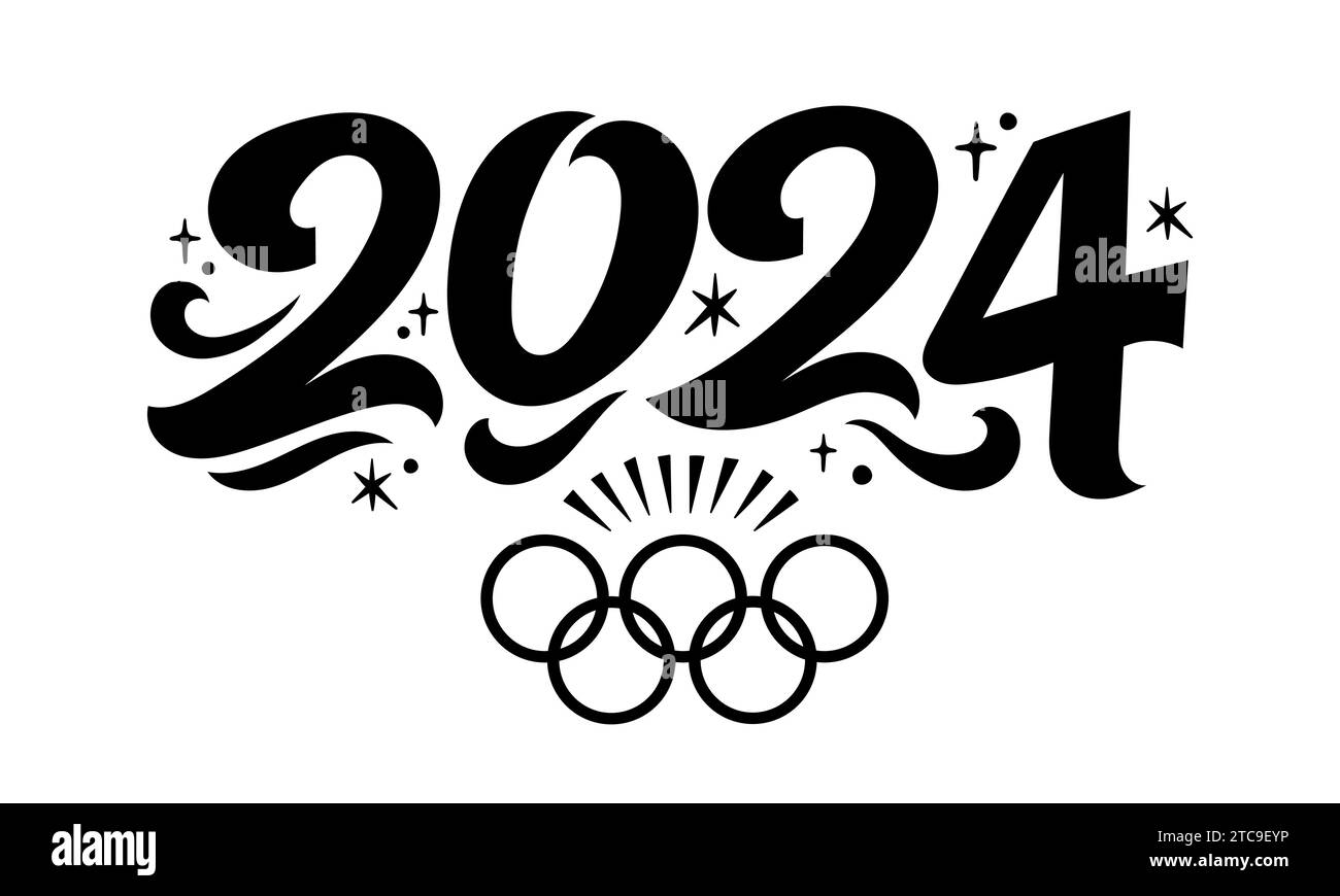 Giochi Olimpici 2024. Giochi olimpici estivi a Parigi 2024. Lettere nere isolate su sfondo bianco. Illustrazione Vettoriale
