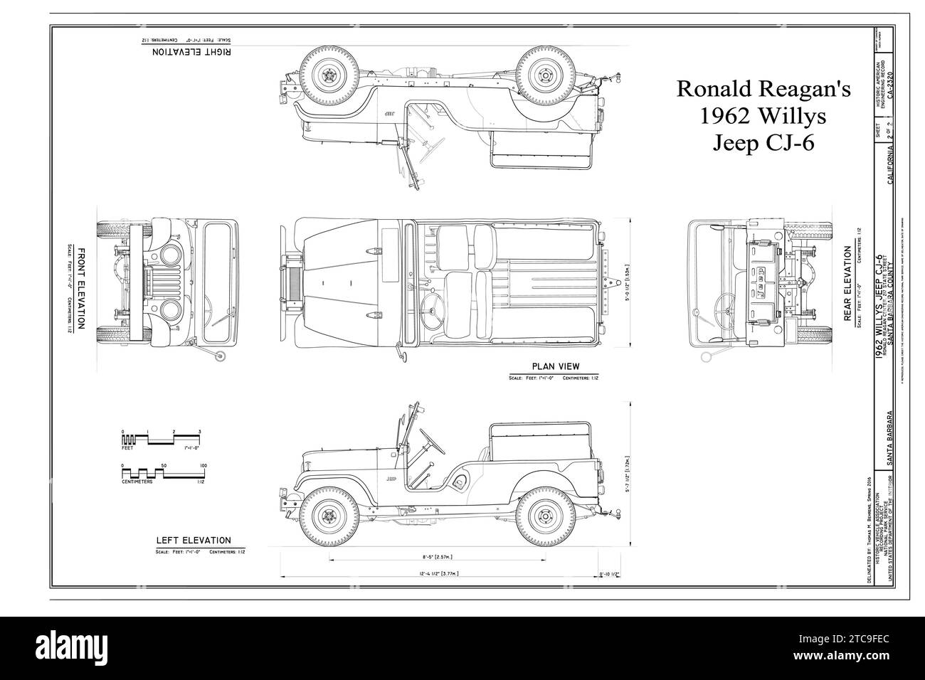 Piano ed elevazioni - 1962 Willys 'Jeep' CJ-6, Illustrazione Vettoriale