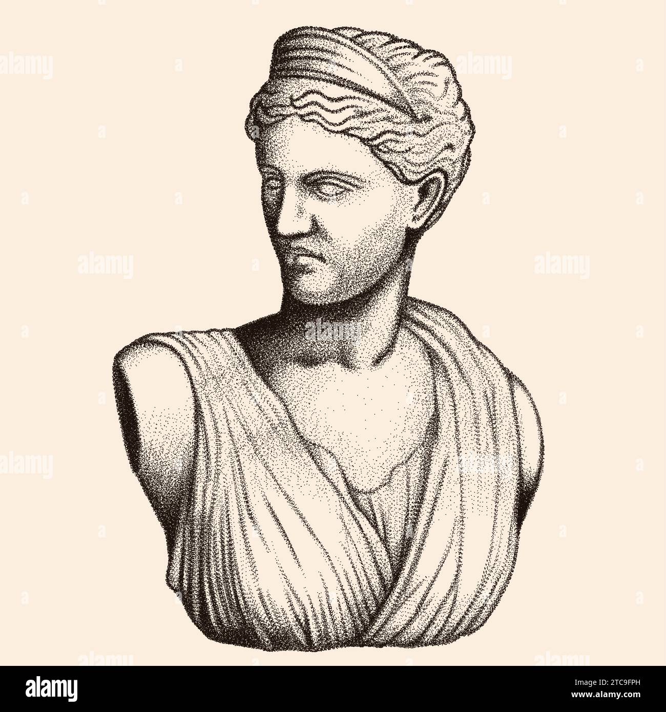 Busto dell'antica dea greca della caccia Diana. Illustrazione vettoriale punteggiata su sfondo beige. Illustrazione Vettoriale