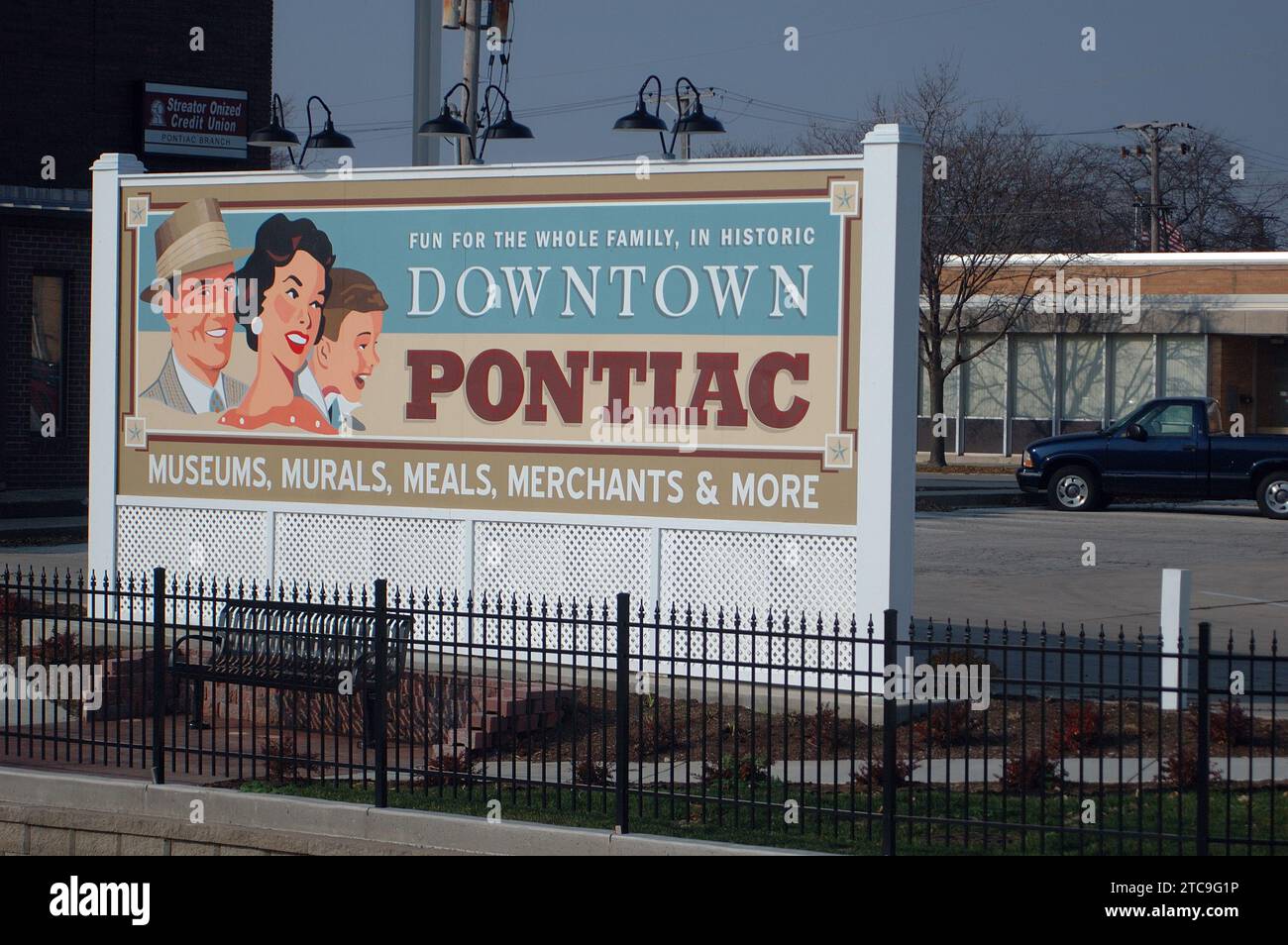 Cartello di benvenuto a Pontiac, Illinois Foto Stock