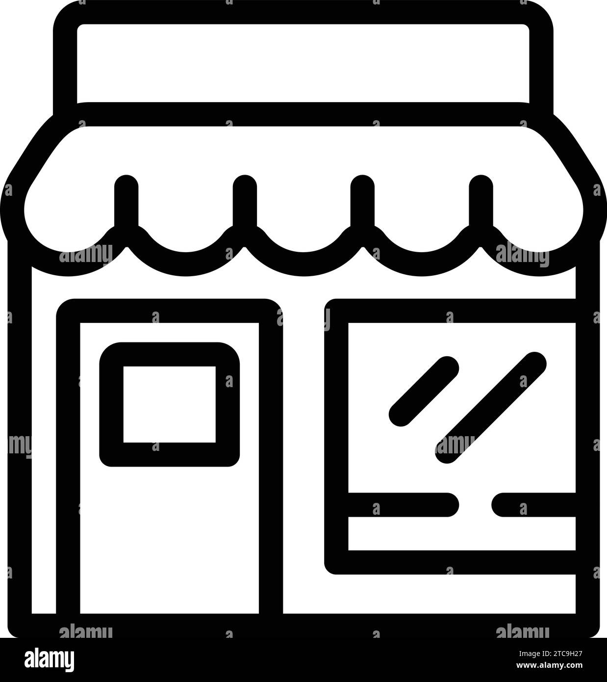 Icona del punto di forza per la vendita: Vettore di descrizione. Negozio all'angolo. Mercato di strada Illustrazione Vettoriale