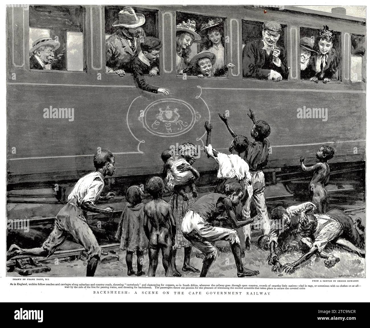 Backsheesh - una scena sulla ferrovia del governo del capo in Sud Africa, con i passeggeri del treno che gettano penny per mendicare dalla linea ferroviaria. Pubblicato intorno al 1896. Foto Stock