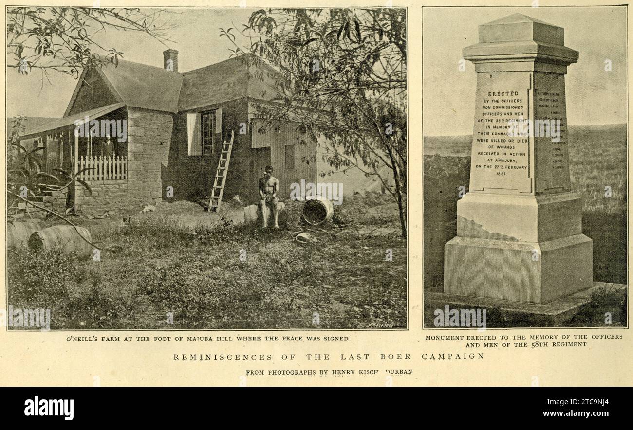 La fattoria di o'Neill ai piedi della collina Maiura dove fu firmata la pace, e un monumento eretto in memoria di ufficiali e uomini del 58th Regiment; pubblicato su The Graphic, 1896 Foto Stock