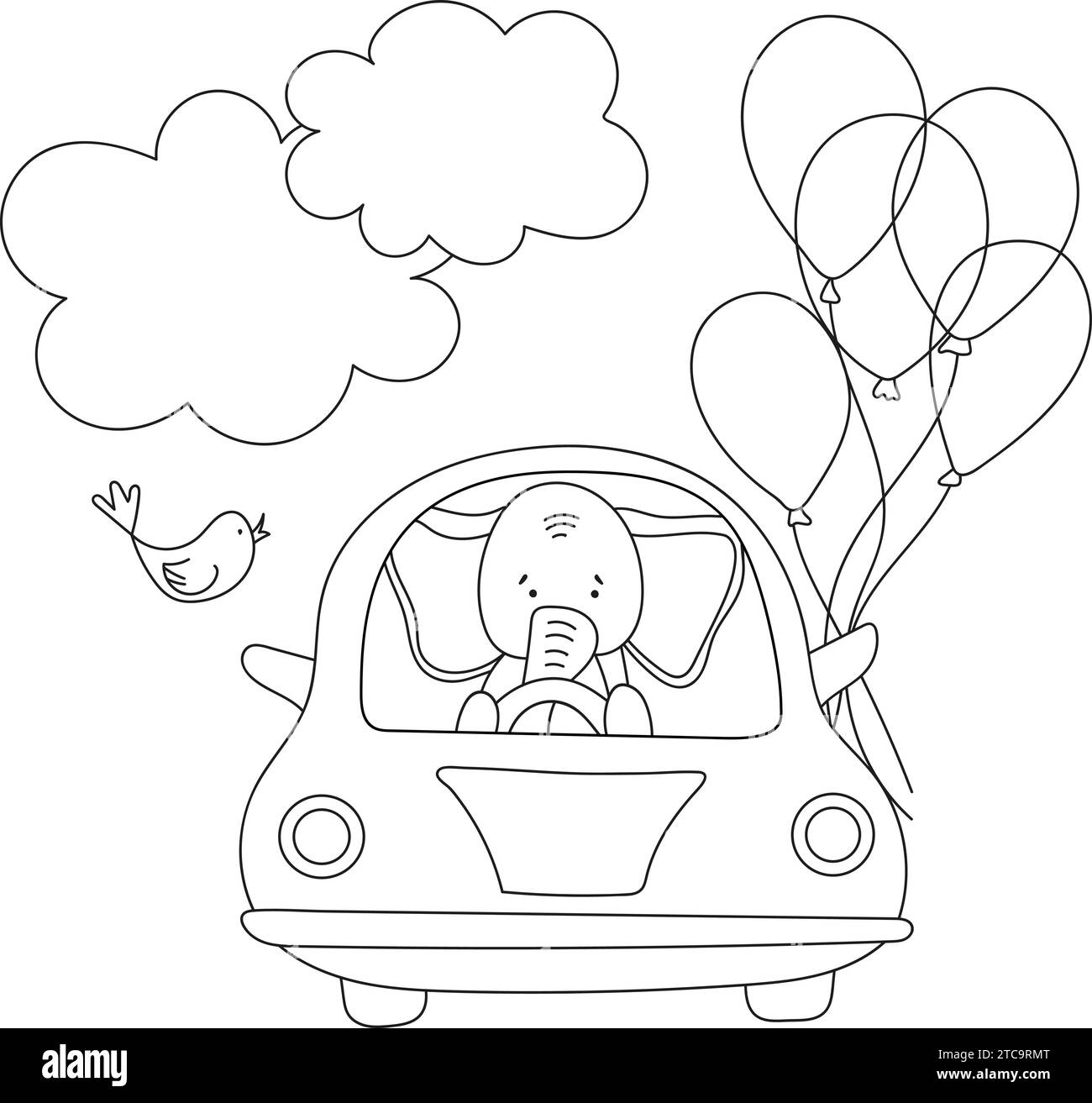 Pagina da colorare per bambini: Elephant Driving A Car, r, è Un libro da colorare divertente e creativo di illustrazioni vettoriali per bambini Illustrazione Vettoriale