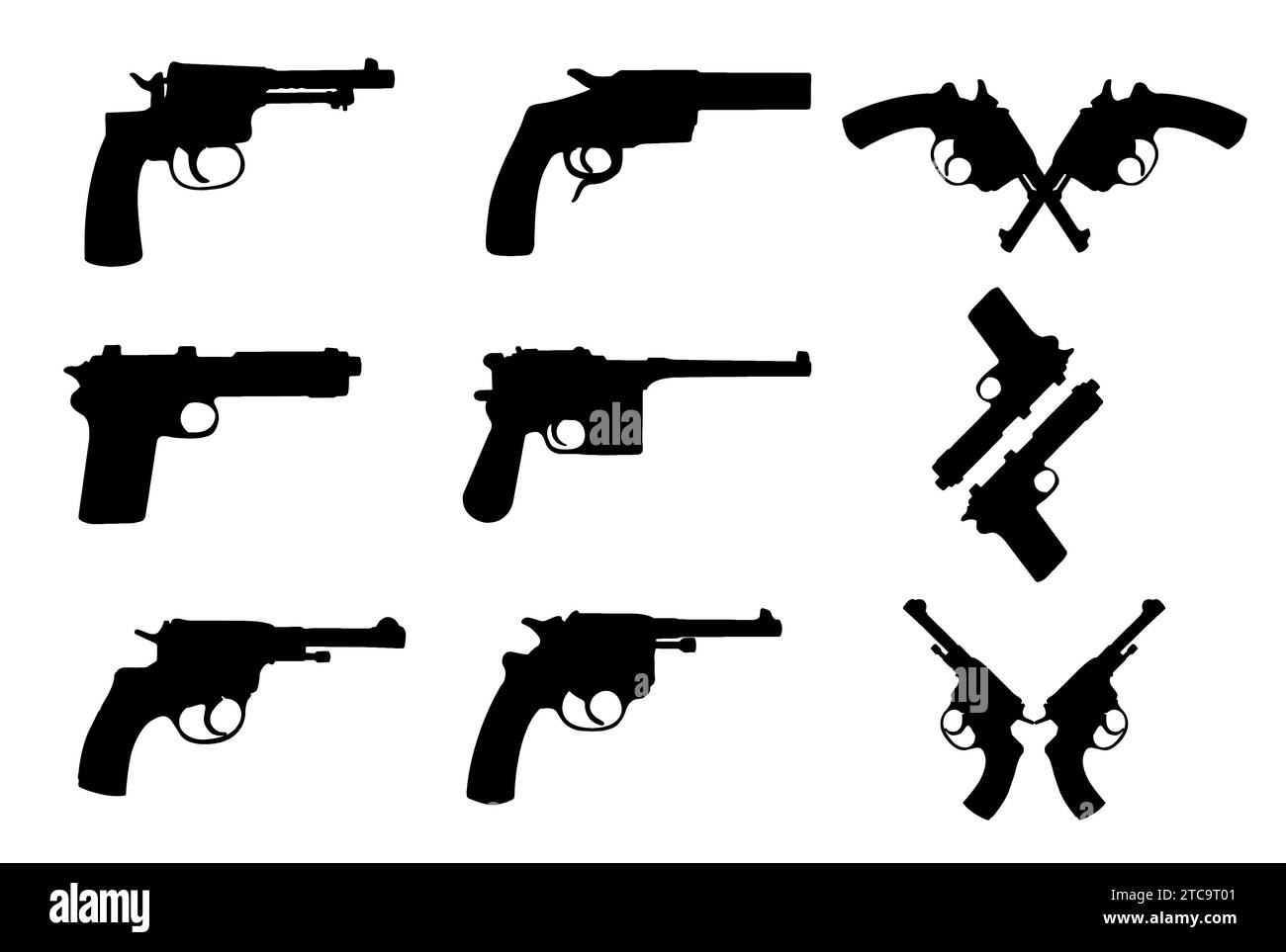 Pistole d'epoca.illustrazione di pistole classiche retrò. Vecchie pistole e revolver sagome isolate su bianco. Illustrazione Vettoriale