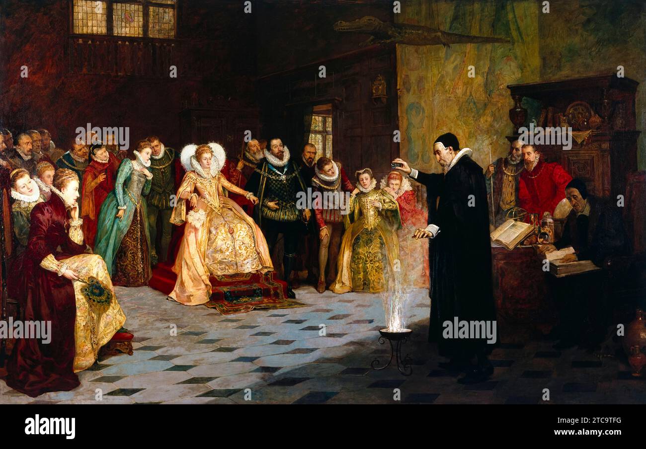 «John Dee Performing an Experiment Before Queen Elizabeth i» (John Dee Performing an Experiment Before Queen Elizabeth i) dipinto intorno al 1890 da Henry Gillard Glindoni (1852-1913). Foto Stock
