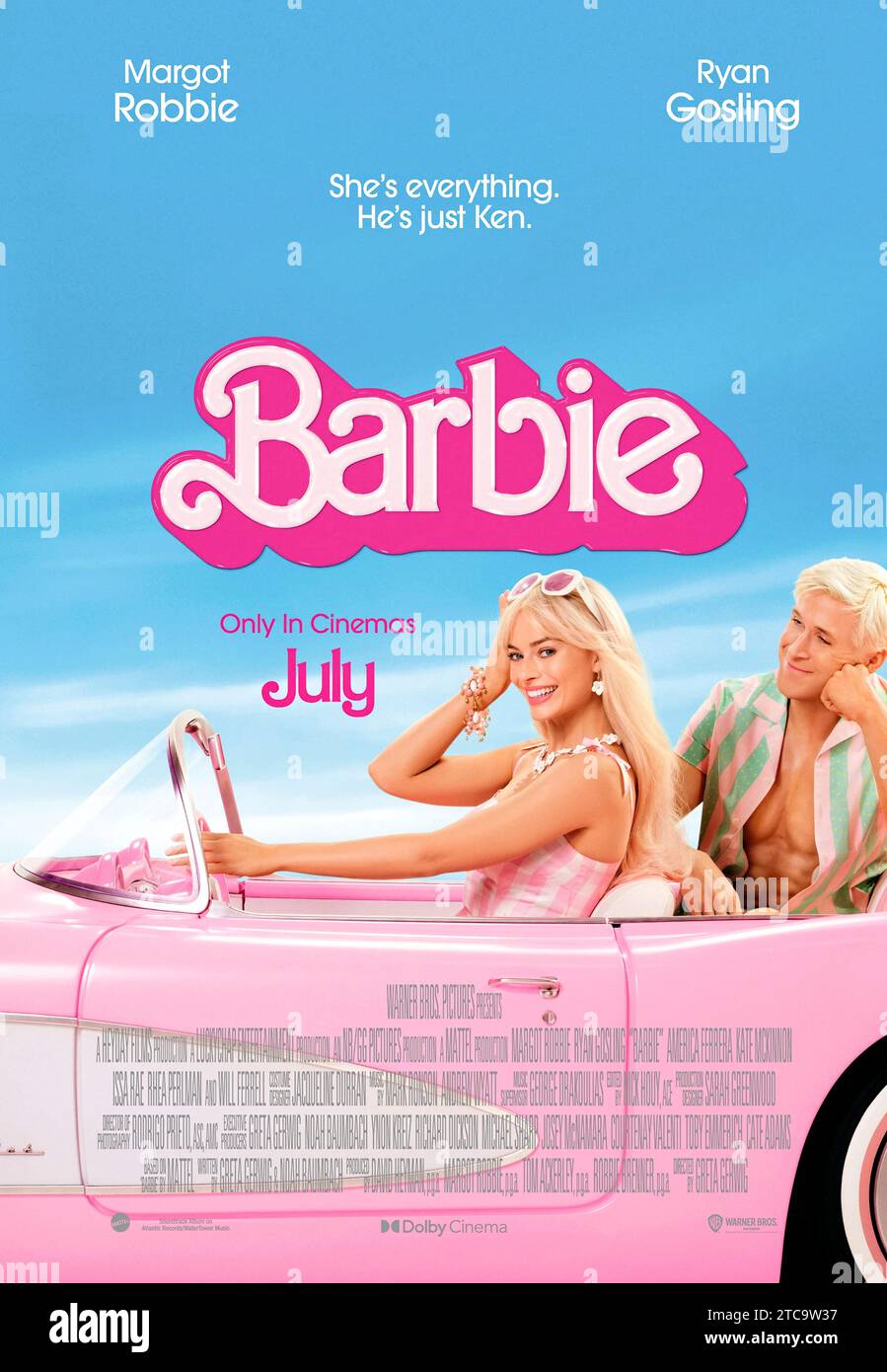Barbie (2023), diretto da Greta Gerwig e interpretato da Margot Robbie, Ryan Gosling e Issa Rae. Barbie soffre di una crisi che la porta a mettere in discussione il suo mondo e la sua esistenza. Poster US One sheet***SOLO PER USO EDITORIALE***. Credito: BFA / Warner Bros Foto Stock