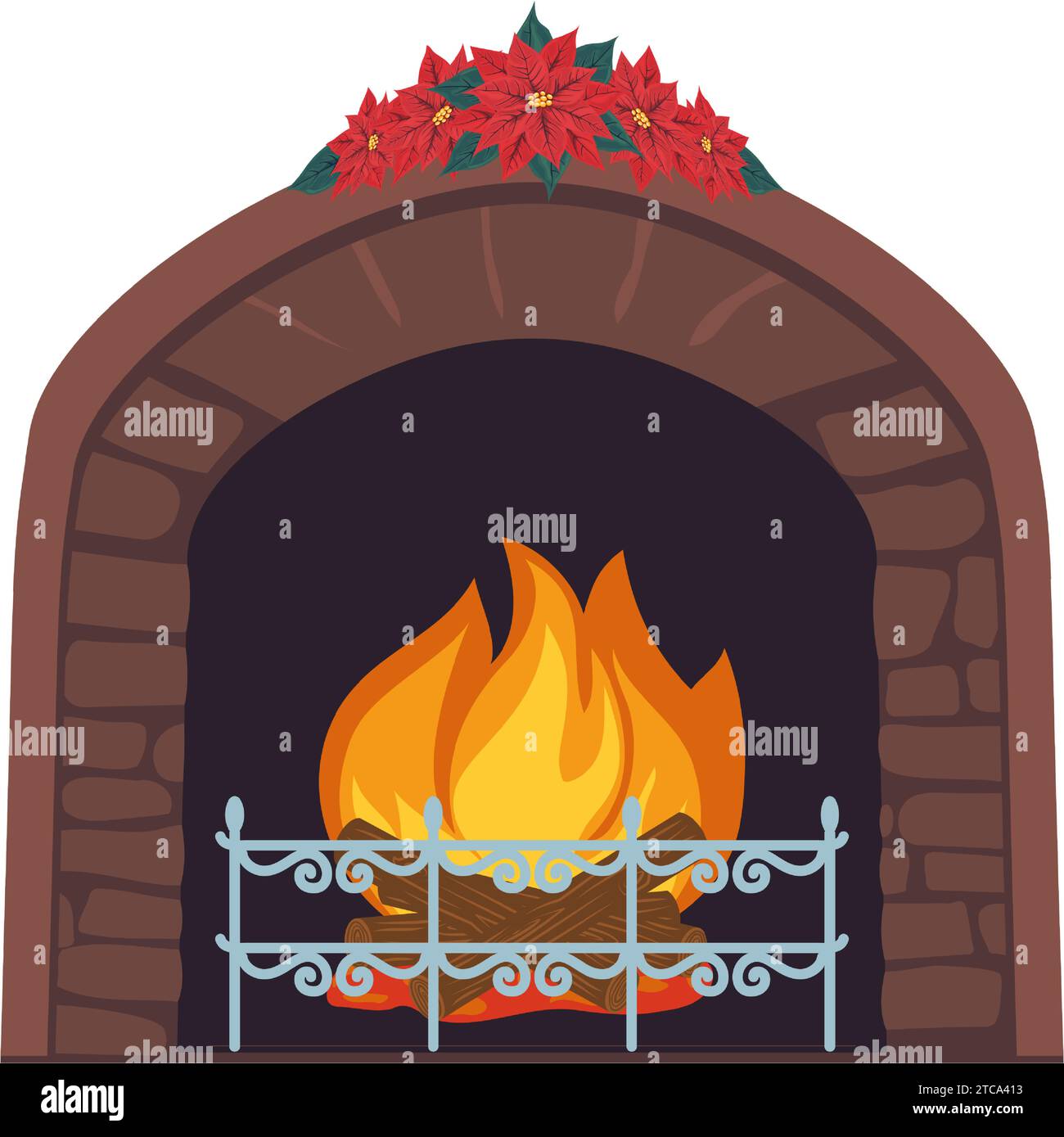 Caminetto interno con carbone caldo, legno e fiamme luminose, decorato con fiori di punta. Focolare di pietra con fuoco ardente. Illustrazione vettoriale. Illustrazione Vettoriale