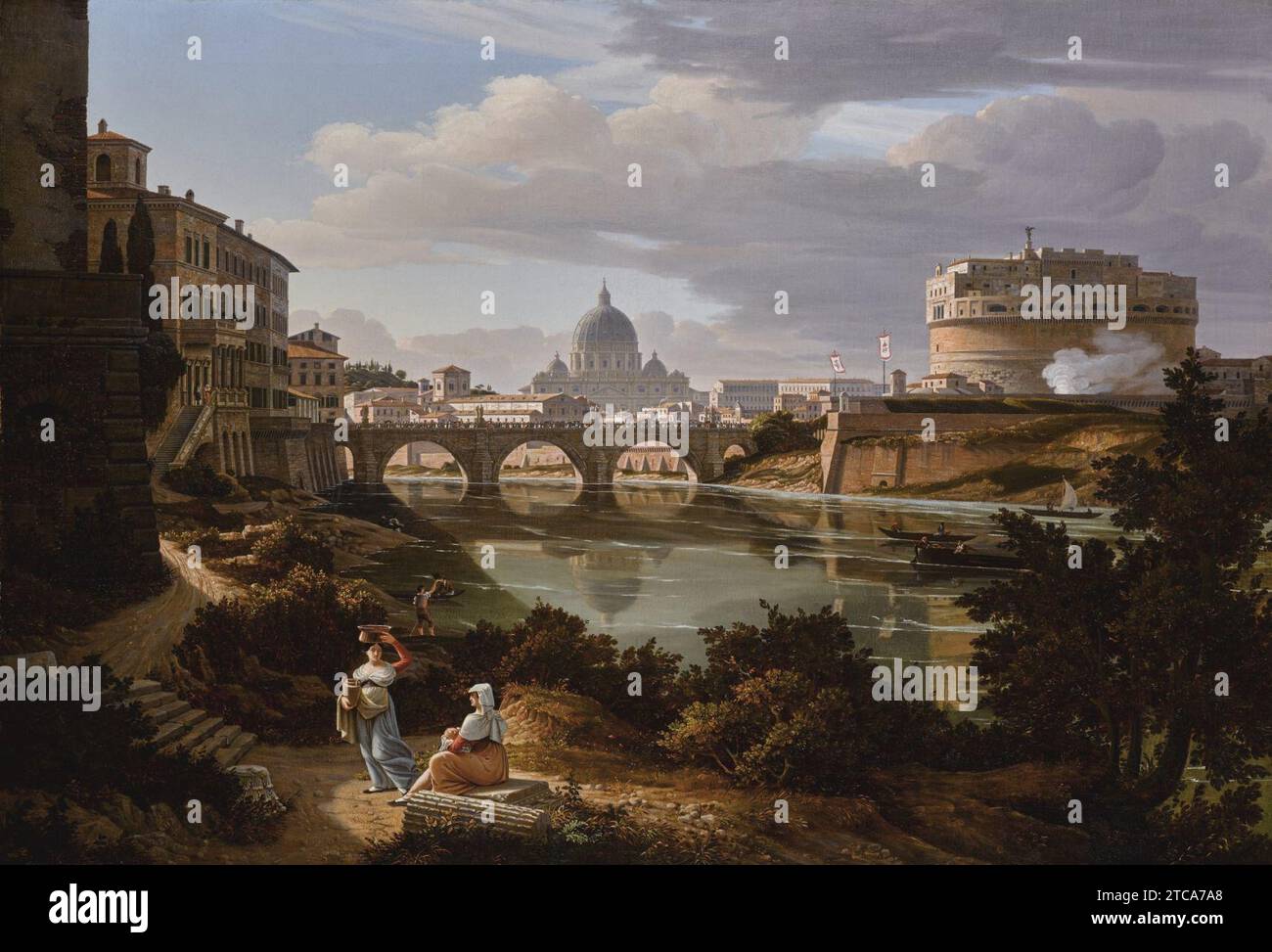 Roma, una vista del fiume Tevere che guarda verso sud con Castel Sant'Angelo e la basilica di San Pietro oltre da Rudolf Wiegmann 1834. Foto Stock