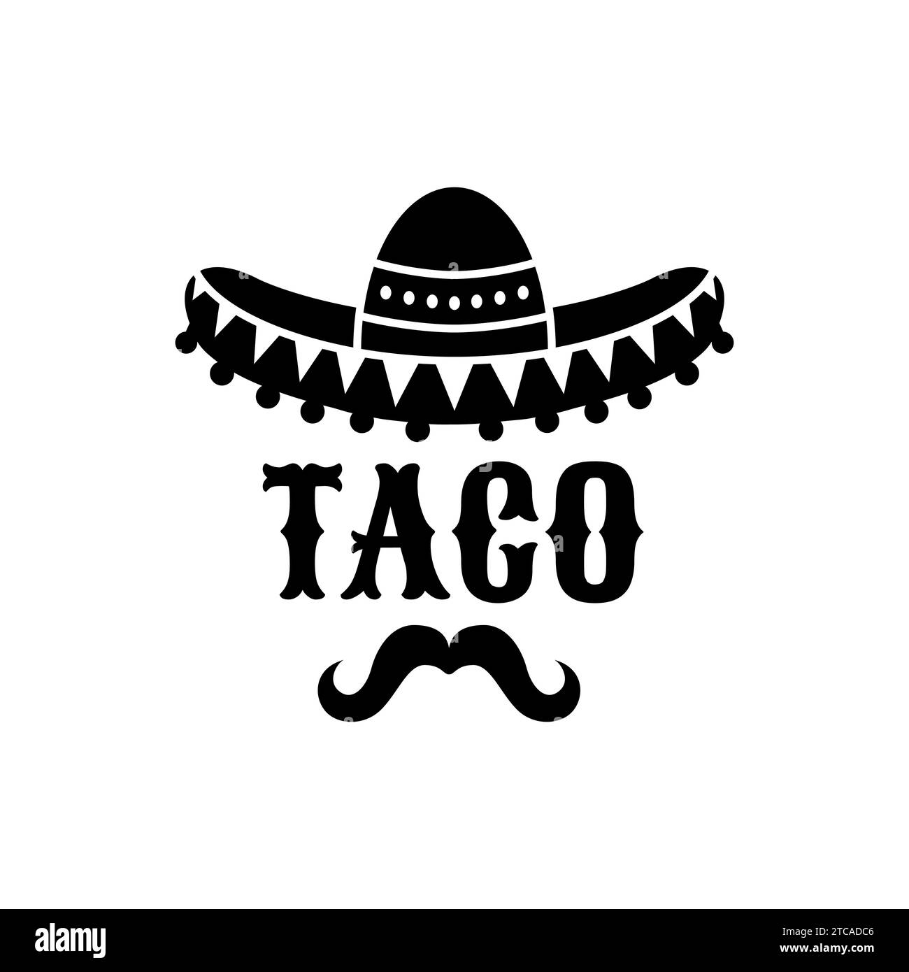 Sombrero messicano e taco con baffi, icona vettoriale per la cucina tex-mex e food bar. Cartellino messicano taco sandwich per menu fast food, silhouette sombrero con ornamenti etnici latini Illustrazione Vettoriale