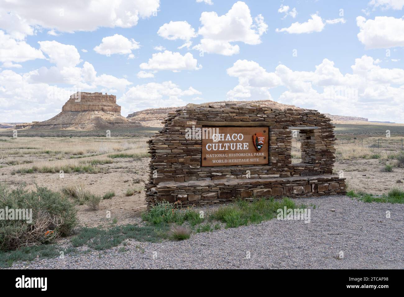 Il cartello d'ingresso del Parco storico Nazionale della Cultura di Chaco nel New Mexico, Stati Uniti Foto Stock