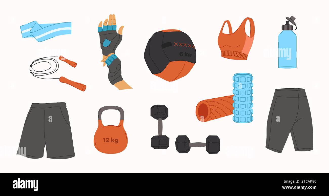 Set di oggetti di allenamento vettoriale. Attrezzature da palestra dal design piatto. Collezione a tema sportivo. Ideale per la guida sportiva Illustrazione Vettoriale