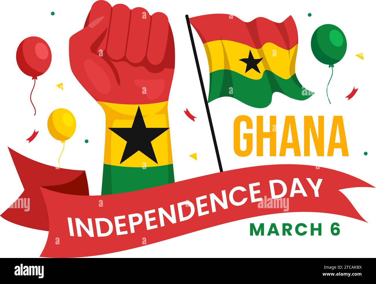Celebrazione del giorno dell'indipendenza del Ghana illustrazione vettoriale il 6 marzo con la bandiera sventolante nel disegno di sfondo di cartoni animati Flat Holiday Illustrazione Vettoriale