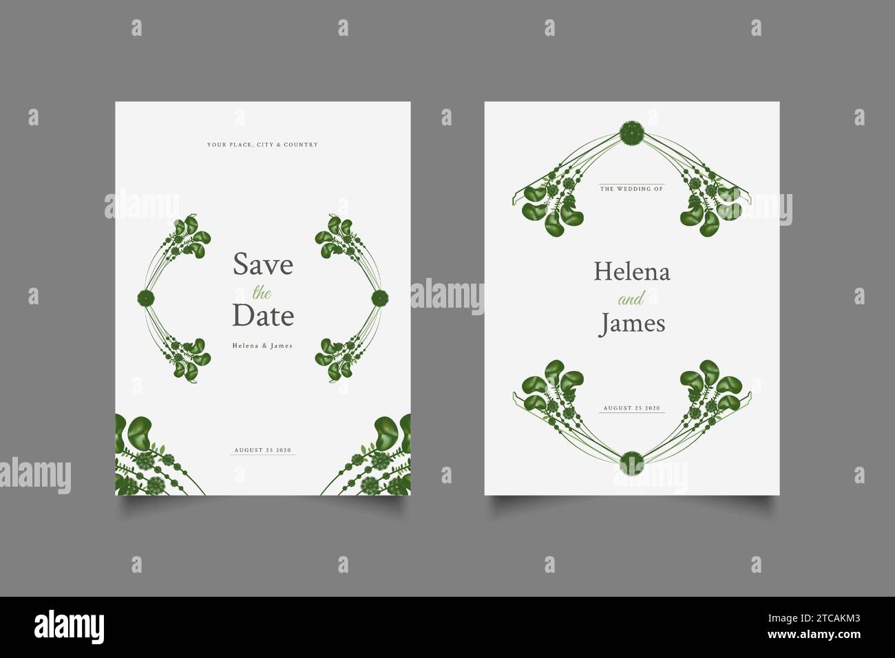 Modello di carte di invito per matrimoni con foglie verdi Illustrazione Vettoriale