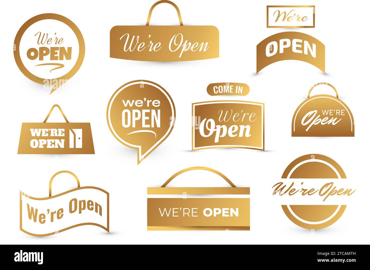 We are Open, Text Collection for Sticker, Flyer, Header, Banner, Advertisement, e annuncio Illustrazione Vettoriale