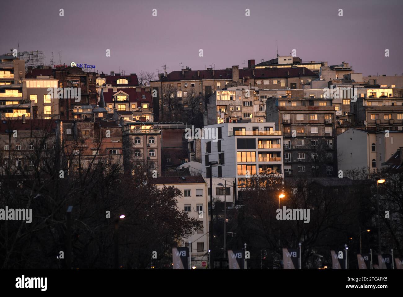 Skyline di Belgrado al tramonto, Serbia Foto Stock