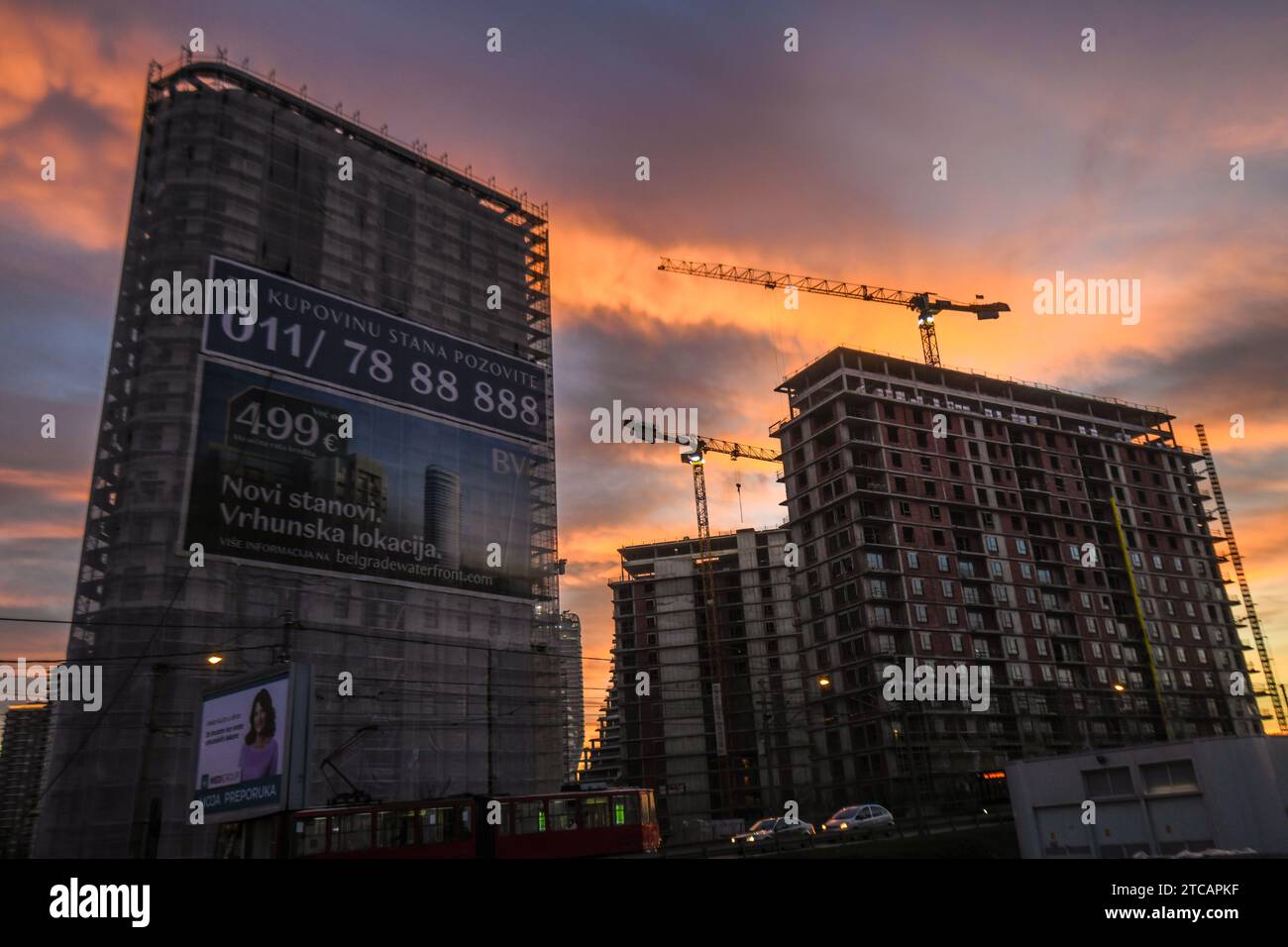 Skyline di Belgrado al tramonto, Serbia Foto Stock