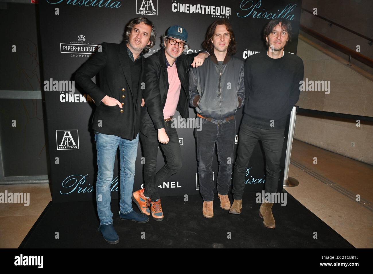 Parigi, Francia. 11 dicembre 2023. I membri del gruppo Phoenix (Christian Mazzalai, Laurent Brancowitz, Deck d'Arcy e Thomas Mars) assistono alla retrospettiva cinematografica di Sofia Coppola e alla prima di Priscilla tenutasi alla Cinematheque francese di Parigi, in Francia l'11 dicembre 2023. Foto di Mireille Ampilhac/ABACAPRESS.COM Credit: Abaca Press/Alamy Live News Foto Stock