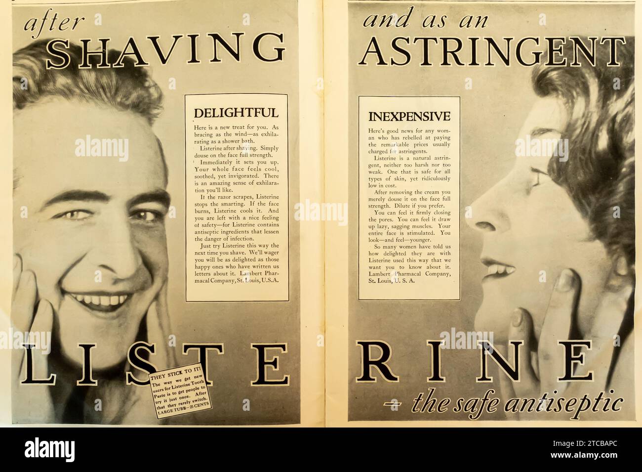 1927 annuncio anstisettico Listerine. Crema dopobarba Listerine, annunci astringenti Listerine Foto Stock