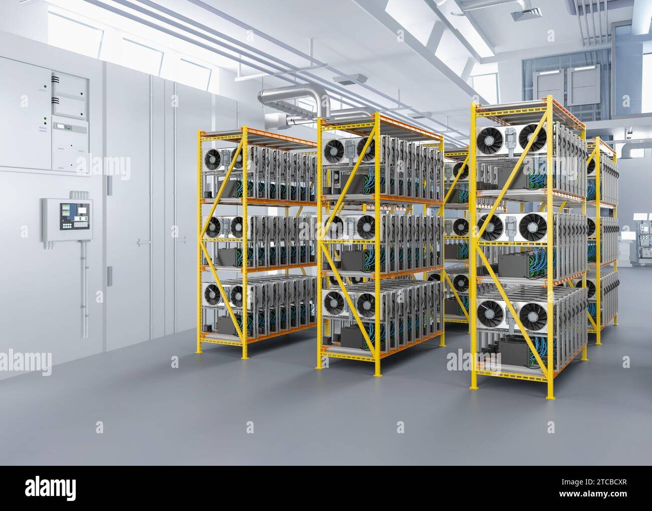 3d rending crypto mining farm con scheda grafica o rack gpu in magazzino Foto Stock