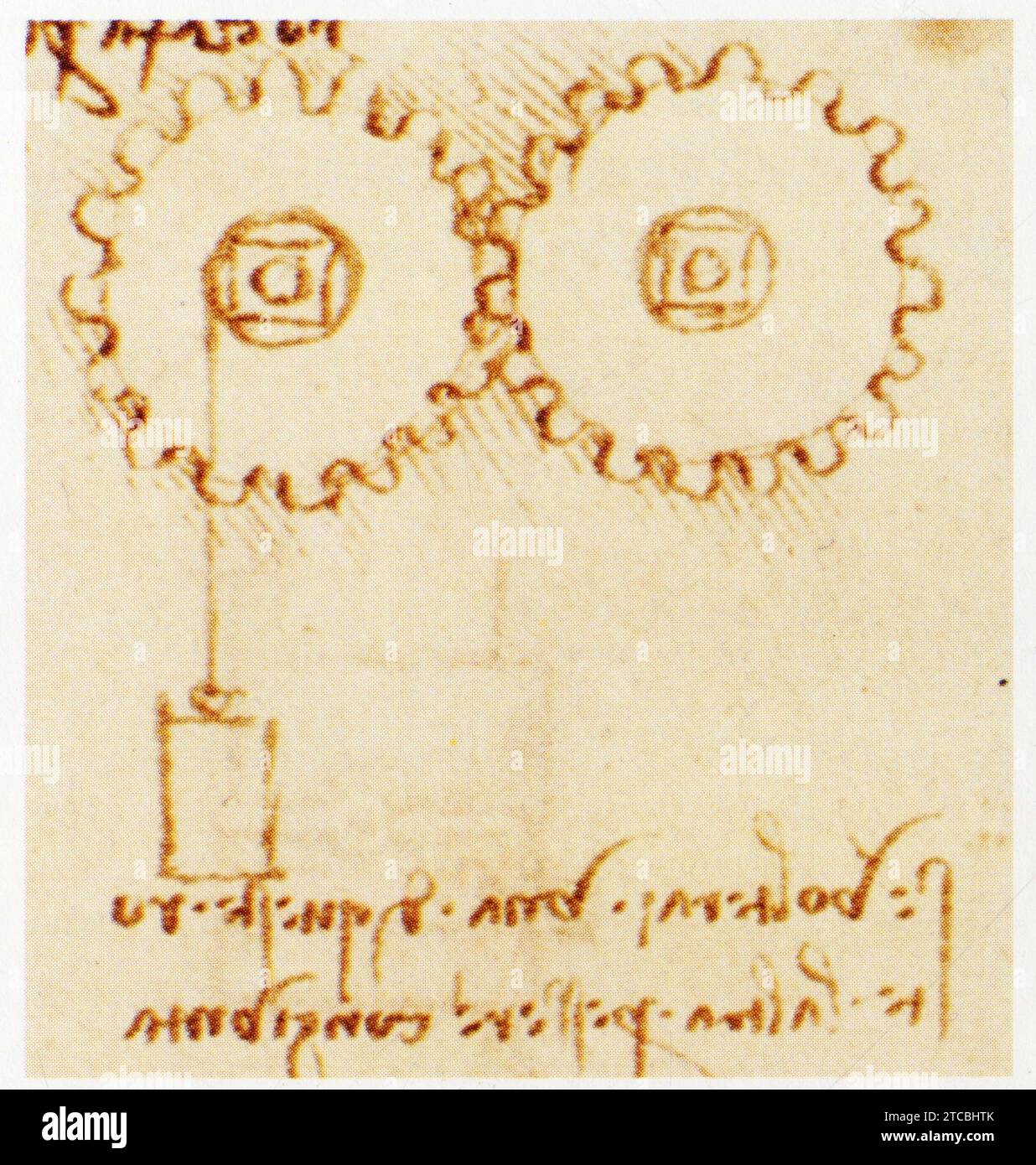 Leonardo da Vinci.1452-1519.Effets de la combinaison de roues dentées. Engrenage à deux roues extérieures. Foto Stock
