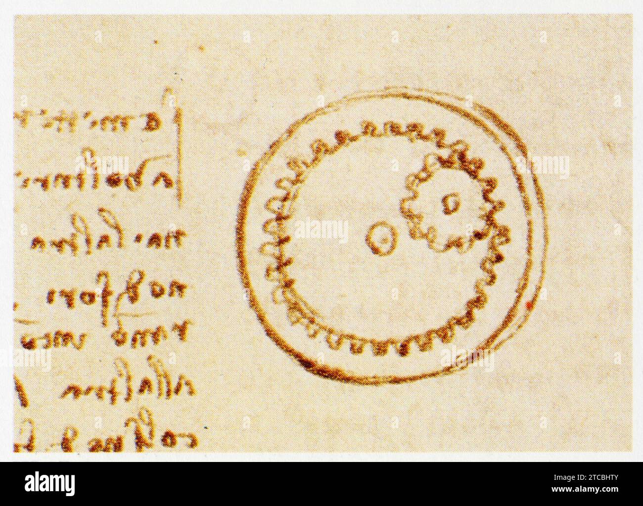 Leonardo da Vinci.1452-1519.Effets de la combinaison de roues dentées. Engrenage intérieur à deux roues. Foto Stock