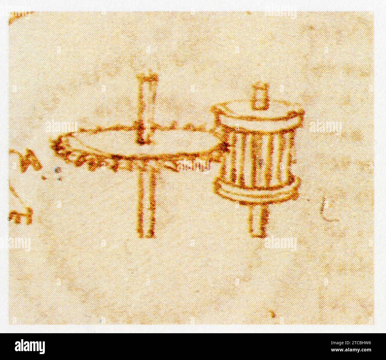 Leonardo da Vinci.1452-1519.la roue dentée dans la transmission du mouvement. Sur le même. Ples axes de la roue dentée et de la lanterne sont par Foto Stock