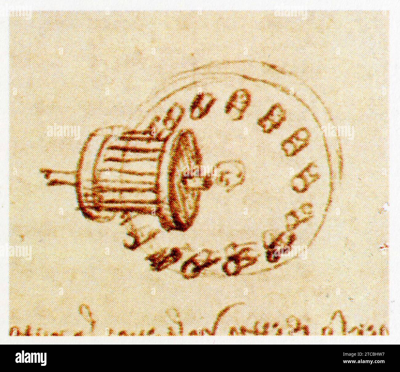 Leonardo da Vinci.1452-1519.la roue dentée dans la transmission du mouvement. Sur un plan perpendicolaire. Les axes de la roue à alluchons et de la l Foto Stock