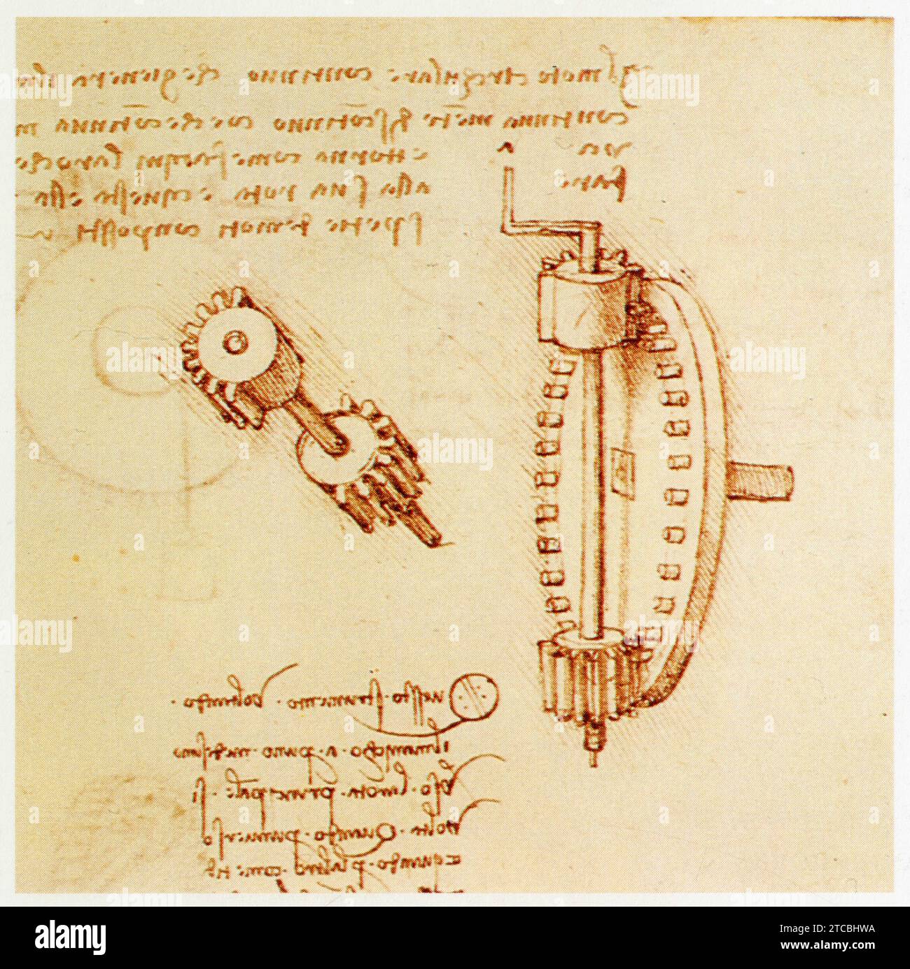 Leonardo da Vinci.1452-1519.la roue dentée dans la transmission du mouvement. Transformation d'une rotation continue en rotation alternative. Foto Stock