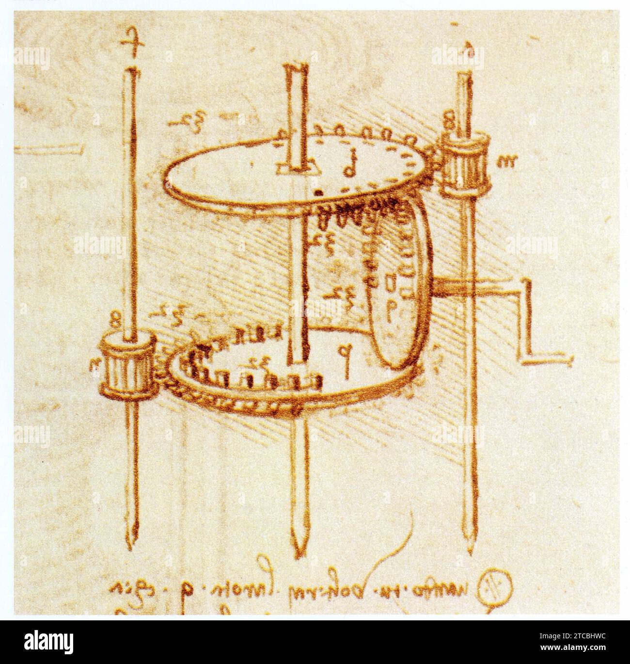 Leonardo da Vinci.1452-1519.la roue dentée dans la transmission du mouvement. Transformation d'une rotation continue en rotation alternative. Foto Stock