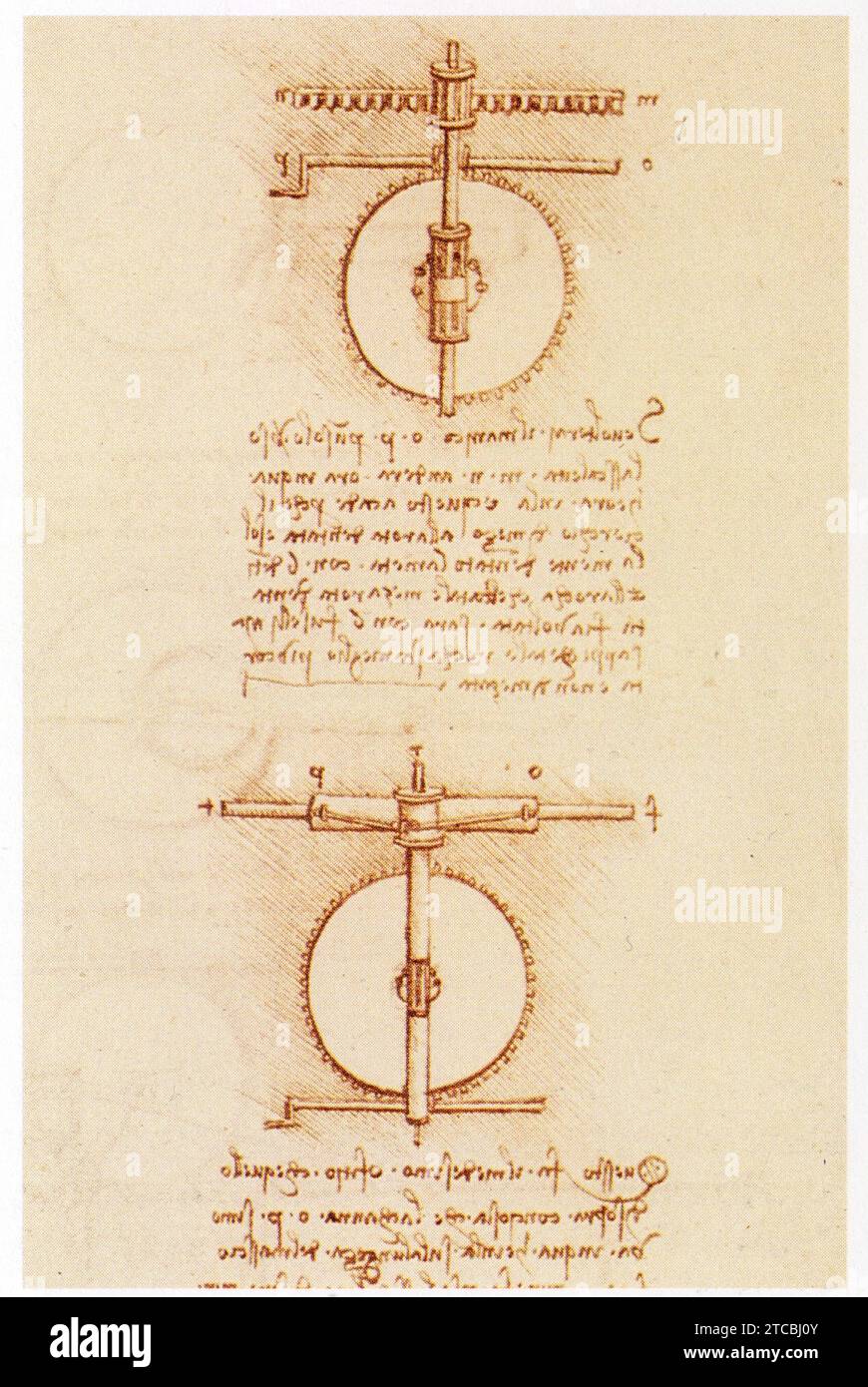 Leonardo da Vinci.1452-1519.la roue dentée dans la transmission du mouvement. Roue, lanternes et crémaillère. Foto Stock