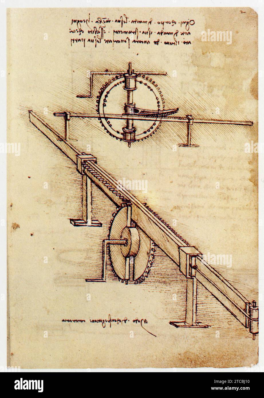 Leonardo da Vinci.1452-1519.la roue dentée dans la transmission du mouvement. Roue semi-dentée ,lanternes et crémaillère . Foto Stock