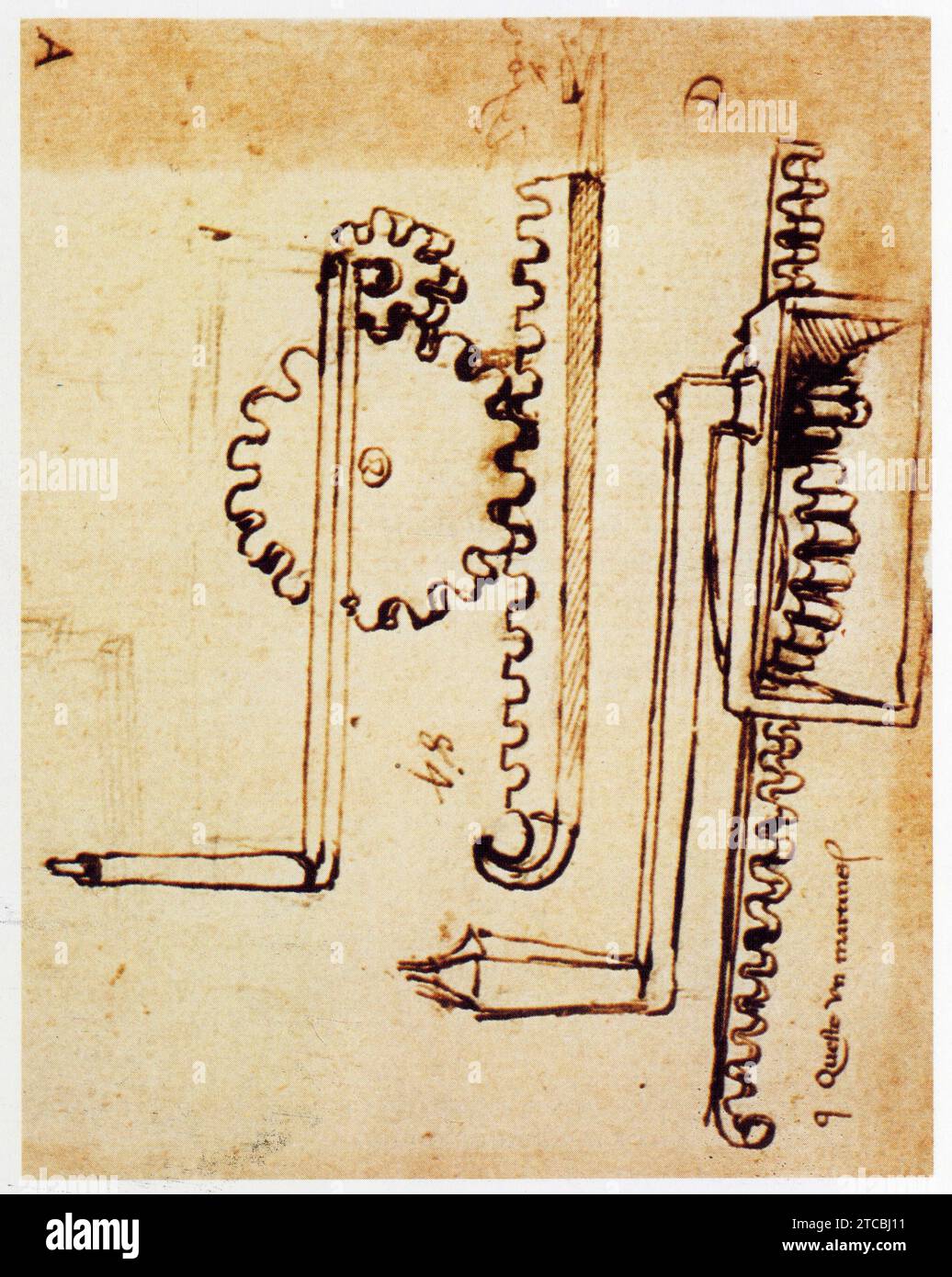 Leonardo da Vinci.1452-1519.la roue dentée dans la transmission du mouvement. Manivelle, lanterne, roue dentée et crémaillère. Foto Stock
