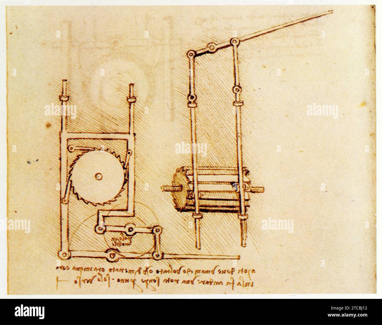 Leonardo da Vinci.1452-1519.la roue dentée dans la transmission du mouvement.Mouvement trasversale alternatif produisant un mouvement rotatif Foto Stock