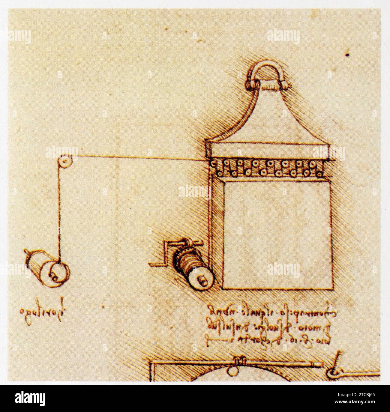 Leonardo da Vinci.1452-1519.Système de poules pour régler la descente d'un poids d'horloge. Foto Stock