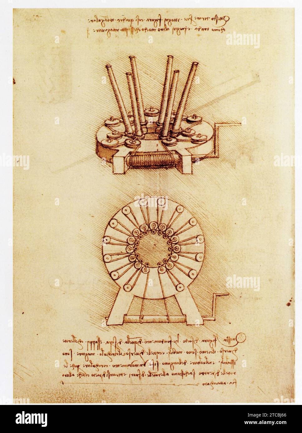 Leonardo da Vinci.1452-1519.Extenseur .Plan et vue axonométrique d'une machine qui tyre les poids de la périphérie vers le centre. Foto Stock