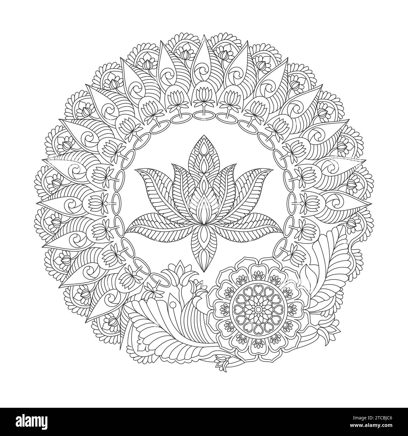 Intricata pagina del libro da colorare lotus mandala per l'interno del libro KDP. Petali pacifici, capacità di rilassarsi, esperienze cerebrali, paradiso armonioso, pace Illustrazione Vettoriale